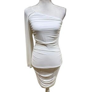 Btfbm One-Shoulder White ruched sheer Dress lined cutout size small